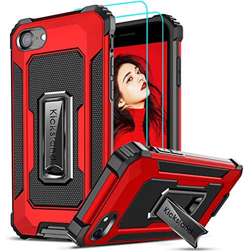 LeYi Compatible for iPhone SE 2020 Case, iPhone 8/7/6/6s Phone Case with [2Pack] Tempered Glass Screen Protector, Military-Grade Kickstand Protective Cover Case for iPhone 8/7/6/6s,Red