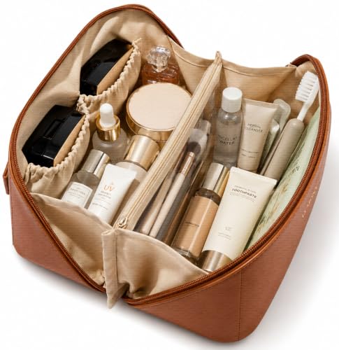Image of LUMONY Makeup Pouch Bag Leather Large Capacity Travel Toiletries Organizer Cosmetic Bag with Handle and Divider Multifunctional Makeup Bag for Easy Access Waterproof (Brown)