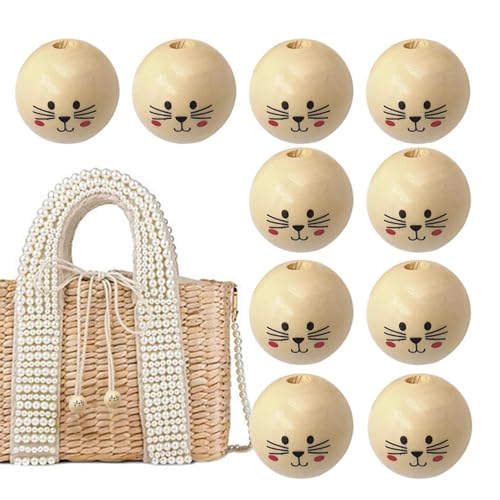 Perles en bois imprimées, perles rondes en bois - Tête de poupée de chat de couleur Smile Face - Ours espaceurs ronds durables pour tinkering dream...