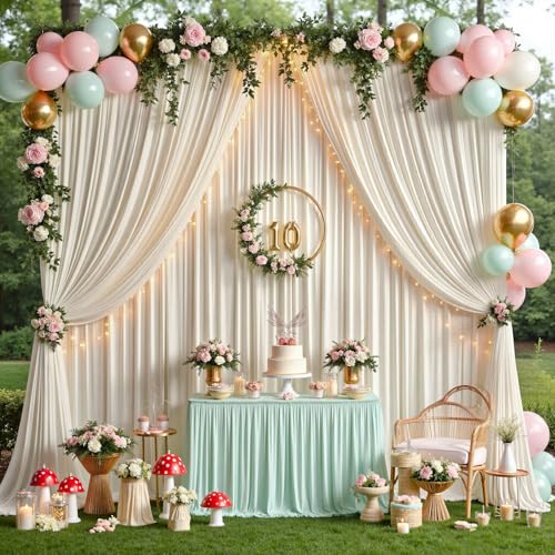 Image of 40ftx12ft Beige Backdrop Curtains for Parties, Wrinkle Free Polyester Beige Photo Backdrop Drapes 8 Panels 12 ft Long Back Drop Cloth for Wedding Birthday Photography Background