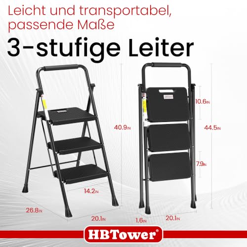 HBTower Trittleiter 3 Stufen klappbar, Leiter mit Breitem Anti-Rutsch-Pedal, Trittleiter mit Bequemer Handlauf, Tragbarer Tritthocker aus Stahl, Schwarz