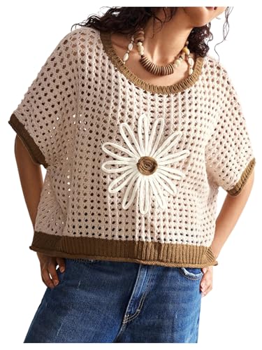 Women's Boho Floral Crochet Knit Tops Hollow Out Short Sleeve Crew Neck Knitwear Summer Sweater