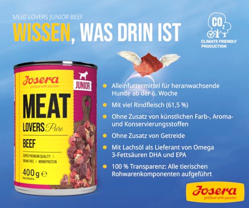 JOSERA Meat Lovers Junior Pure Beef (6 x 400 g) | Junior | Premium Nassfutter für Welpen & Junghunde | extra viel Rindfleisch & Lachsöl | getreidefrei | Alleinfutter | Hundefutter nass | 6er Pack