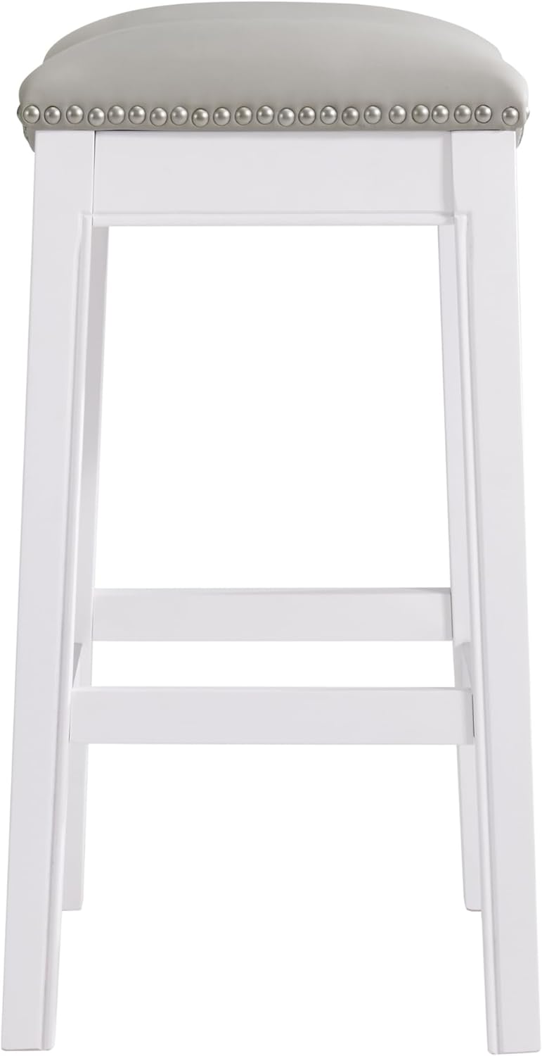 Williston Counter Height Barstool with Footrest – 26” Solid Rubberwood Frame, Faux Leather Seat with Nailhead Trim – Modern Kitchen Island Stool for Bar & Bistro Table by Alaterre Furniture (White)