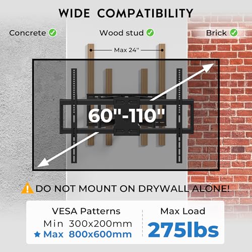 Image of Heavy Duty TV Wall Mount with Extra Long Extendable Arm for 60-110 Inch TVs, Holds Up to 275lbs, Full Motion Bracket with Corner Swivel and Tilt, Max VESA 800x600mm, Fits 24 inch Studs, Wide Compatibility