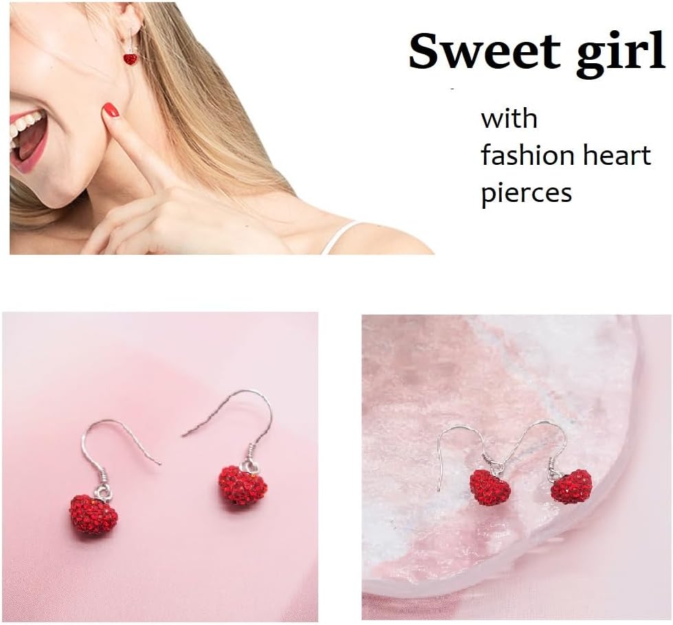 Red Crystal Love Heart Drop Earrings for Women, 925 Sterling Silver Fashion Dangle Earring Hypoallergenic Hook Earrings