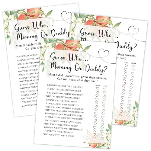 Qoqxjodd White Floral Peach Guess Who Mommy or Daddy, Baby Shower Game - Pack of 30 Game Cards, Gender Neutral Boy or Girl Fun Activity - FA35