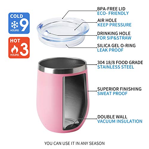 Hasle Outfitters 12Oz Wine Tumbler With Lid Stemless Wine Glasses Double Wall Vacuum Travel Mugs Stainless Steel Coffee Cup For Cold & Hot Drinks Wine Coffee Cocktails Beer (12Oz-Pink, 1 Pack) #TOP3