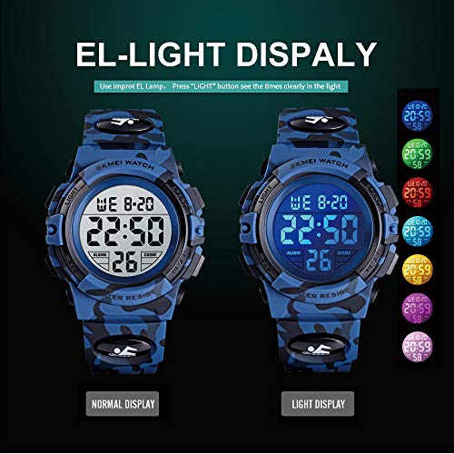 Venhoo Kids Watch Digital Outdoor Sport Waterproof 7 Colors EL-Lights Electrical Watches with Alarm Luminous Stopwatch Casual Child Wrist Watch for Teenager Boys Girls-Blue Camouflage - Thumbnail 5