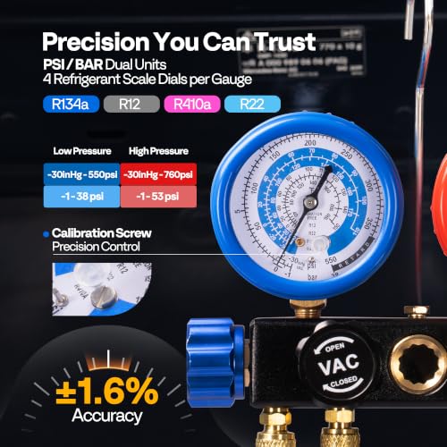 Image of VIVOHOME 1 /3 HP 5CFM 1 Stage AC Vacuum Pump and 4 Way AC Manifold Gauge Set | 110V HVAC Vacuum Pump Kit, Leak Detector, 5ft Hoses, for R134a R410a R12 R22 R502 Air Conditioning Refrigeration Recharging
