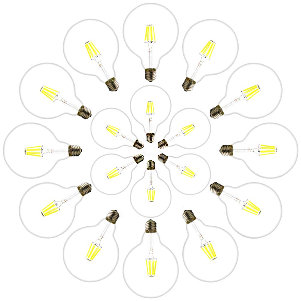 20 unidades – 220 V G125 LED Bombilla Filamento, transparente (Vidrio, E27, 8 W equivalentes a 60 W), 650LM, DIMM Bar fresco blanco 6000 K, ángulo de haz de 360 °, 16.5 x 12.5 x 12.5 cm