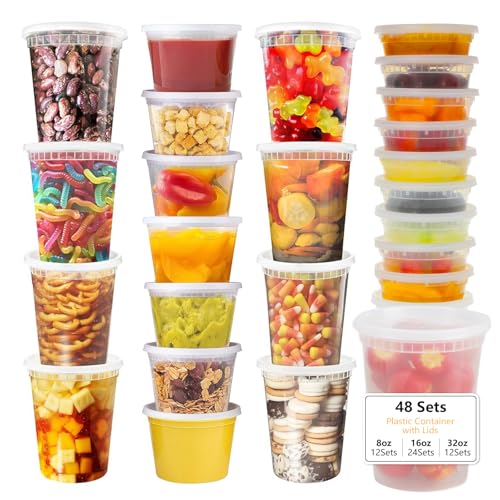 VINATO Recipientes HerméTicos para Alimentos, 48pcs Contenedores de Comida Deli con Tapas, 12 X 950ml | 24 X 470ml | 12 X 240ml, Reutilizables, Sin BPA, Aptos Para Lavavajillas y Microondas