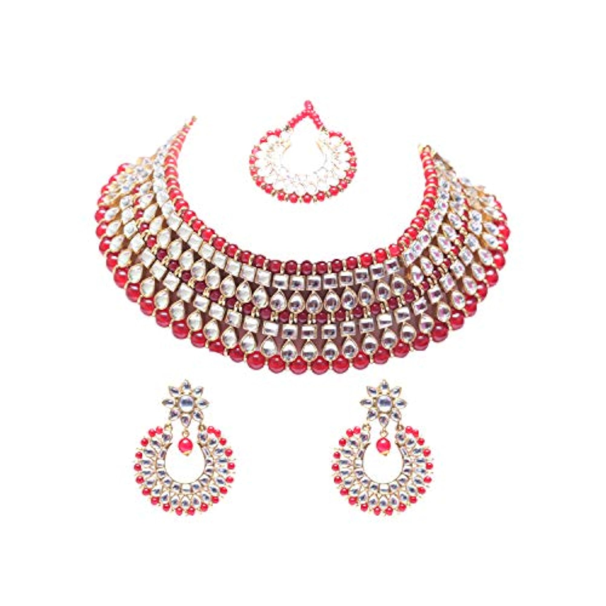 Red Kundan Choker Necklace Set with Earrings & Maang Tikka