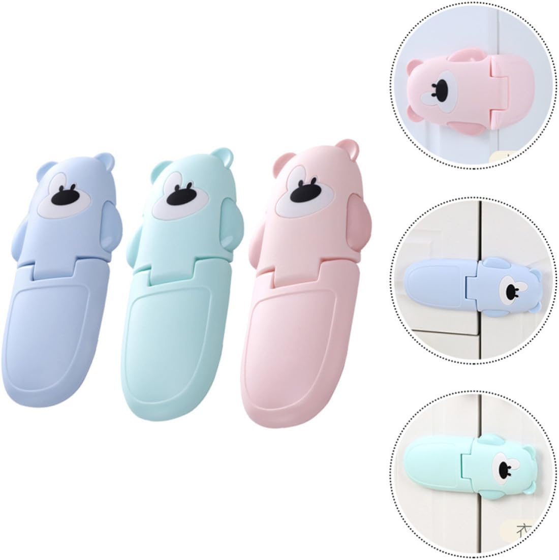 DOITOOL 3pcs Safety Cabinet Locks Bear Shape Abs Material, Double Button to Open and 90 Degree Curvature, for Microwave Oven and Cabinet Doors to Prevent Pinch Injuries