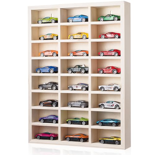 Threehoney 24 Space Toy Cars Wheels Display Case 1: 64 Scale Model Cars Display Shelf Wooden Wall Mounted Die Cast Car Storage Rack for Gift Collectibles Toy Figurines Tiny Cabinet