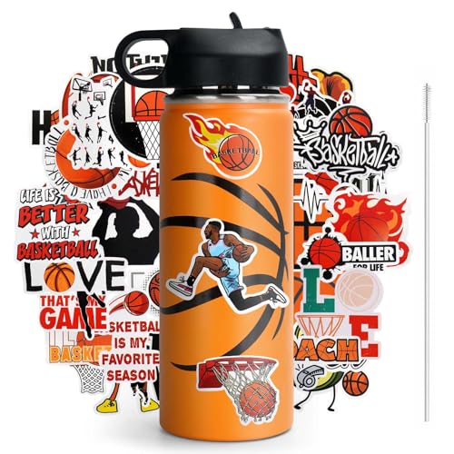 NJGCPRO Basketball Water Bottles for Boys Basketball Gifts Stuff for Boys 8-12 & Kids with 50Pcs Stickers Decorate Water Bottle (18OZ)
