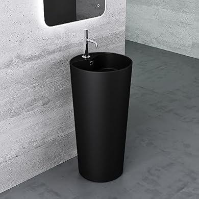 Foto di Mai & Mai Lavandino a Colonna 45x45x90cm, Lavabo Freestanding per Bagni in Minerale Fuso con Foro di Trabocco, Nero Rotondo Colossum35