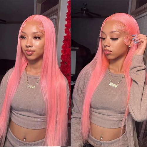 ORIGEN Pink Lace Front Wigs with Baby Hair for Black Women Human Hair Pre Plucked Straight Colored 13x4 Lace Frontal Glueless Wig 24 Inch 180% Density