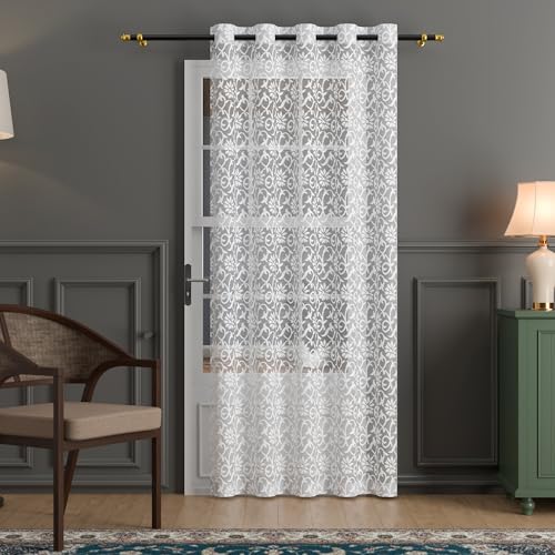 Image of Kuber Industries 7 Feet Net Cotton Door Curtain Vine Designfor Home Decor | Semi Sheer Grommet Curtains for Living Room /Bedroom | RC317 - Delhi White