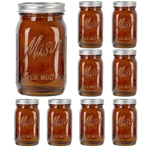 SUT Amber Wide Mouth Mason Jars 32 oz 9 Pack Quart Mason Jars With Airtight lids and Bands Canning Jars 32 oz for Preserving Meal Prep Overnight Oats Fermenting