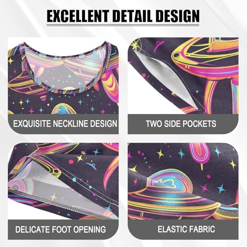 ALAZA Neon Alien Spacecraft Pajamas Set Short Sleeve Cotton Sleepwear Summer Pjs 2 Piece 5-14Y4