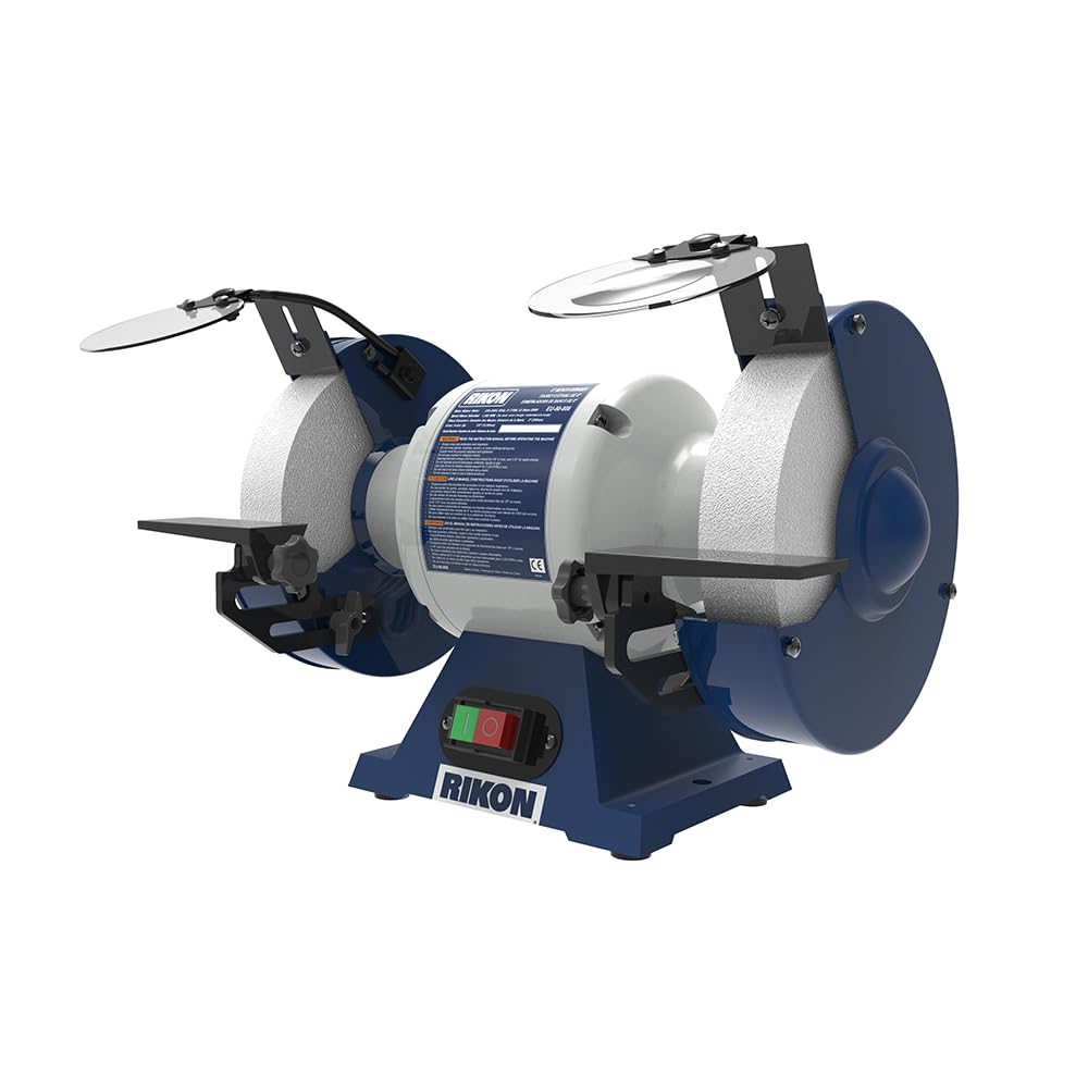 Rikon Power Tools Blue Rikon 80-808 - 8" Bench Grinder - Metal Construction, 550W, 1480 Rpm, Dual Rear Dust Ports, Adjustable Tool Rests