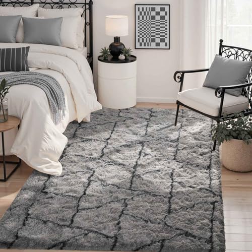 Triangle 4x6 ft Fuzzy Rug for Living Room,Black Bedroom Area Rugs Non-Slip,Carpet for Nursery Kids PlayRoom Indoor Modern Plush Carpets