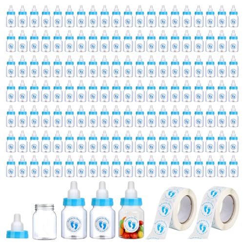 Mini biberons bleus pour fête prénatale avec 500 autocollants de décoration, lot de 144