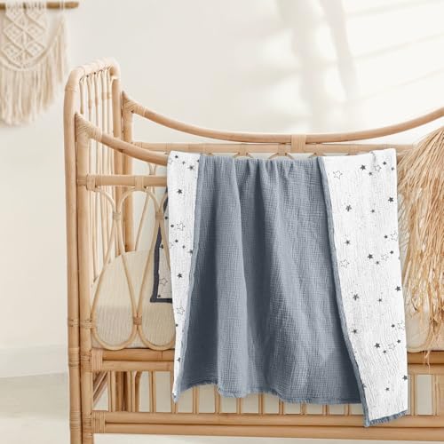 Image of lulumoon Muslin Baby Blanket Neutral - Breathable Cotton Crib Bedding for Toddler - 4 Layer Soft Lightweight for Stroller and Daycare 47 inchx47 inch (Starry Sky Gray)