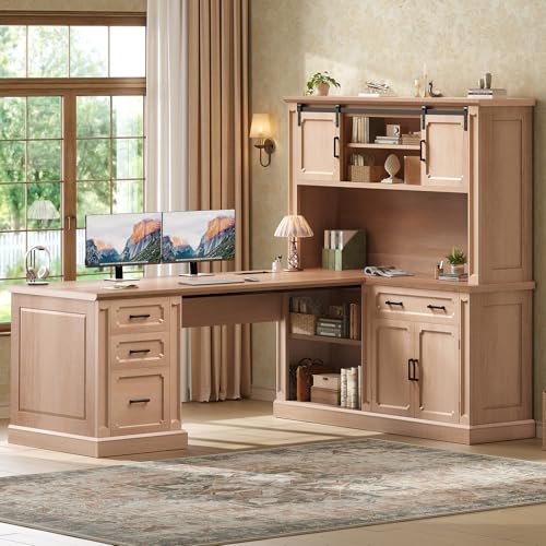 Image of SEDETA 67 inch Farmhouse Desk with Hutch, L Shaped Office Desk with 4 Drawers & Storage Cabinet, Executive Corner Computer Desk with Sliding Doors, File Drawer & Power Outlet for Home Office, Oak