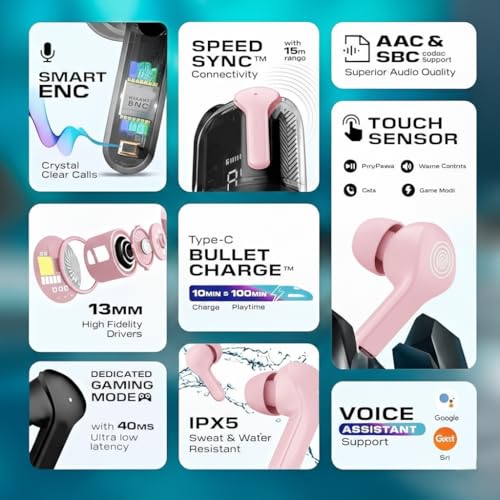 Image of UltraPods Max True Wireless Earbuds with Bluetooth 5.1, Enhanced Sound Quality, Touch Control,Long Playtime Life, Noise Cancellation & Comfortable Fit (PINK)