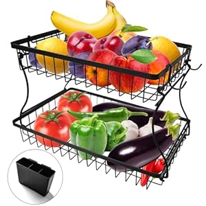 2 Tier Fruit Bowl Vegetable Basket with Banana Hanger for Kitchen Counter, Tiered Fruit Basket for Kitchen Countertop, Stainless Steel Fruit or Vegetable Holder for Organzier or Storage