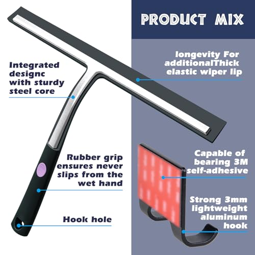 Image of Squeegee for Shower Door 14 Inch Wide Blade, 11 Inch Short Handle One-Piece Silicone with Stainless Steel Core, Non-Slip Grip Window Squeegee for Bathroom Mirror Car Windshield, Aluminum Hook (Black)