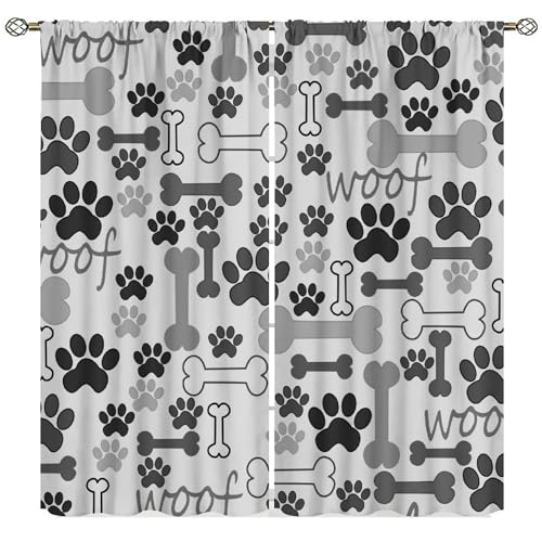 Yearn Jear Dog Paw Print Curtains, Grey Cartoon Dog Paw and