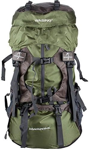 WASING 55L Internal Frame Backpack Hiking Backpacking Packs for Outdoor Travel Climbing Camping Mountaineering with Rain Cover - Green