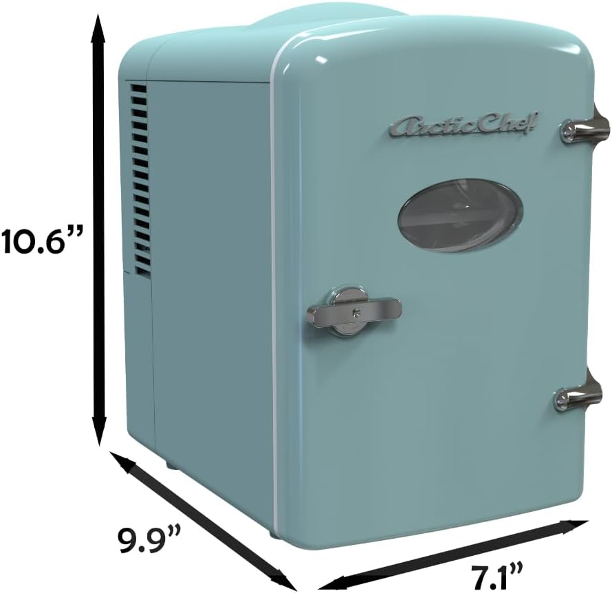 ARCTIC CHEF 6-Can Compact Refrigerator with dimensions labeled