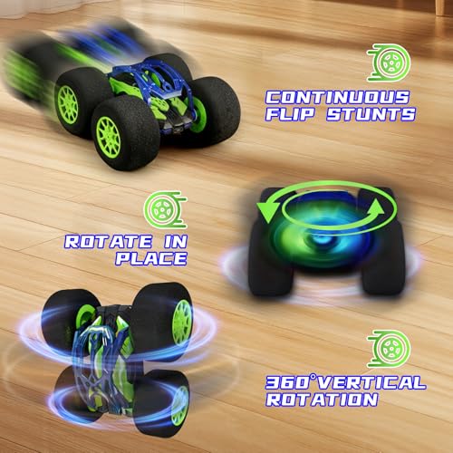 Image of pinkking Indoor Remote Control Car with Oversized Sponge Tires Stunt Soft Wheels RC Car Outdoor Indoor RC Vehicle Toy for Kids Double Sided 360 Rolling Rotating Vehicle for Boys Girls Gift, Green