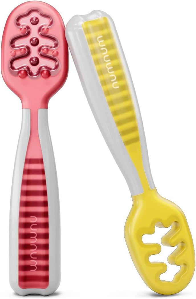 NumNum Pre-Spoon GOOtensils | Baby Spoon Set (Stage 1 + Stage 2) | BPA Free Silicone Self Feeding Toddler Utensils | For Kids Ages 6 Months+, 2 Spoons, (Raspberry Red/Sunshine Yellow)