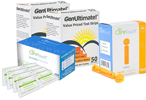 GenUltimate Blood Glucose Test Strips 100 Count for Use with One Touch Ultra, Ultra 2 and Ultra Mini Meter, (2x50) Strips with 100 Lancets Plus 100 Alcohol Pads by Care Touch
