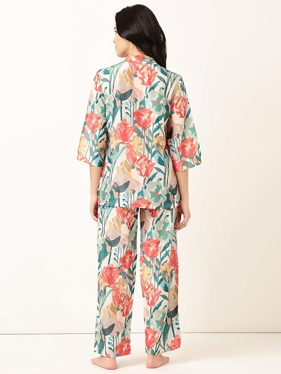 Image of STORIES OF BANNO'S SWAGGER Premium Poly Muslin Floral Co-Ord Set for Women | Soft Pajama Set | Elegant Printed Nightwear Lounge Outfit | Trendy Casual Wear Co-Ord Set