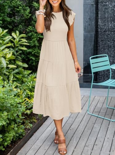 Coloody Women's 2024 Summer Casual Midi Dress Boho Flutter Sleeve Crew Neck Smocked Elastic Waist Tiered A-Line Beach Dress(Apricot, S) — view 7