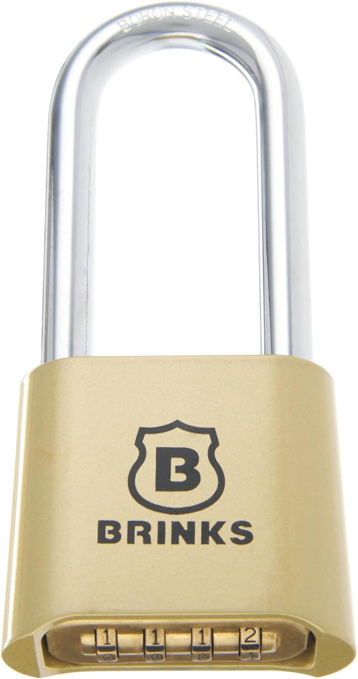 Brinks 671-49002 50mm 4-Dial Resettable Combination Lock with Chrome Plated Boron Steel Shackle and 2 3/8" Shackle Clearance, Brass Plated