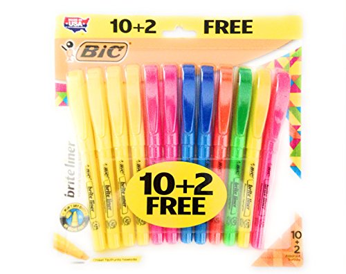 bic brite liner highlighters chisel tip assorted colors 10-count + 2 Free