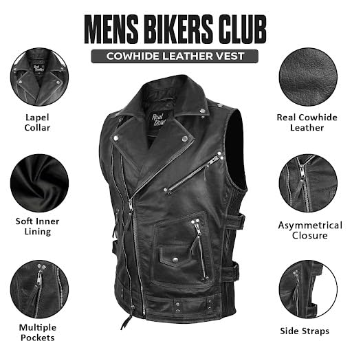 Image of Motorcycle Leather Vest For Men - Tactical Combat Military Style Sleeveless Biker Club Riding Outdoor Waistcoats