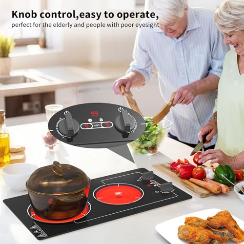 Image of GIHETKUT Electric Cooktop,110V 2100W Stove top,9 Power Levels, Kids Lock & Timer, Hot Surface Indicator, Overheat Protection,knob and touch control 2 burner Electric cooktop