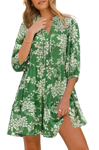 Women's Summer Button Down Shirt Dress Casual V Neck Floral Boho Puff Short  Sleeve Loose Cover Up Beach Mini Dresses - Product Details