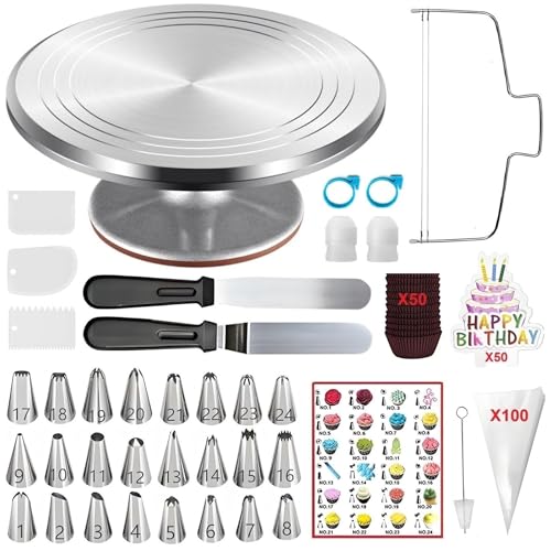 ANSLYQA 237 Pcs Cake Decorating Kit with Aluminium Cake Turntable,Leveler,24 Numbered Icing Tips,2 Spatulas,3 Scrapers,2 Coupler,50 Cupcake Liners,50 Cake Flags,100 Pastry Bags & More Baking Tools