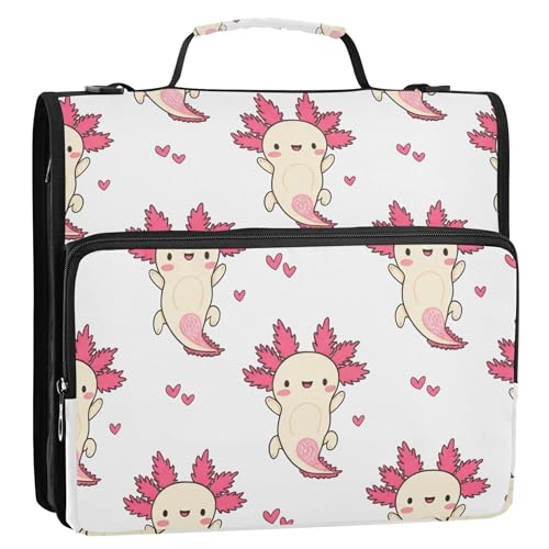かわいいAxolotls ピンク ホワイト バインダー ジッパーオーガナイザー 1 1/2インチ バインダー 3リング 中学校バインダーバッグ ストラップ付き 収納 ポートフォリオ フォルダー ハンドル付き