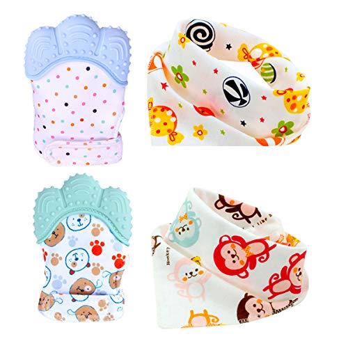 Kit 2 Pezzi Guantino Dentizione in Silicone per Bebè con 2 Pezzi Bavaglino Neonate Senza BPA Massaggia Gengive per Bambini