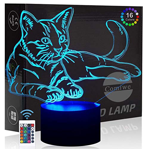 Comiwe Katze 3D Illusion Nachtlicht Spielzeug,Haus Dekor LED Bettseite Tischlampe 16 Farben Ändern und Fernbedienung,Weihnachten Geburtstag Geschenk für Mädchen Junge Kinder Freunde und Familie